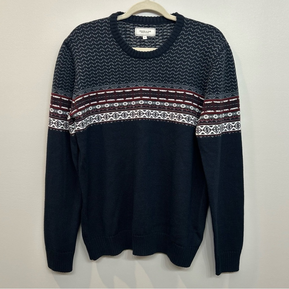 Frank & Oak Men’s Fair Isle Navy Wool Blend Crew Neck Sweater Size XL